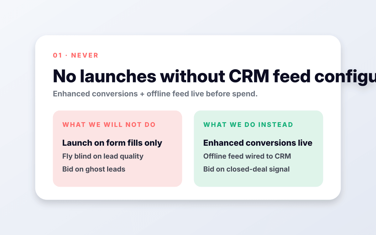 No launches without CRM feed configured.