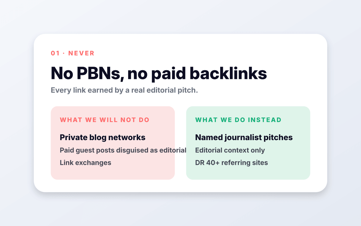 No PBNs, no paid backlinks disguised as editorial.