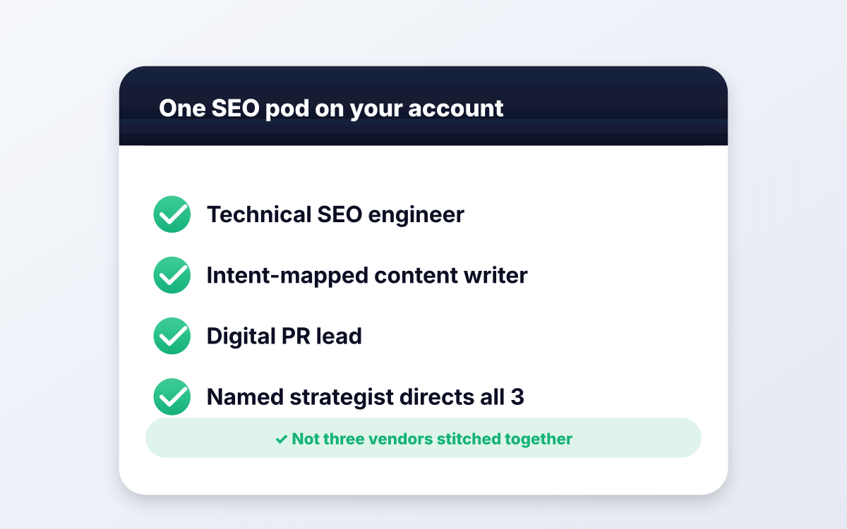 Technical + content + PR under one team.