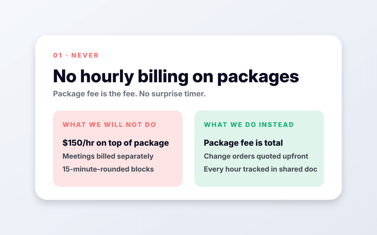 No hourly billing on packages.