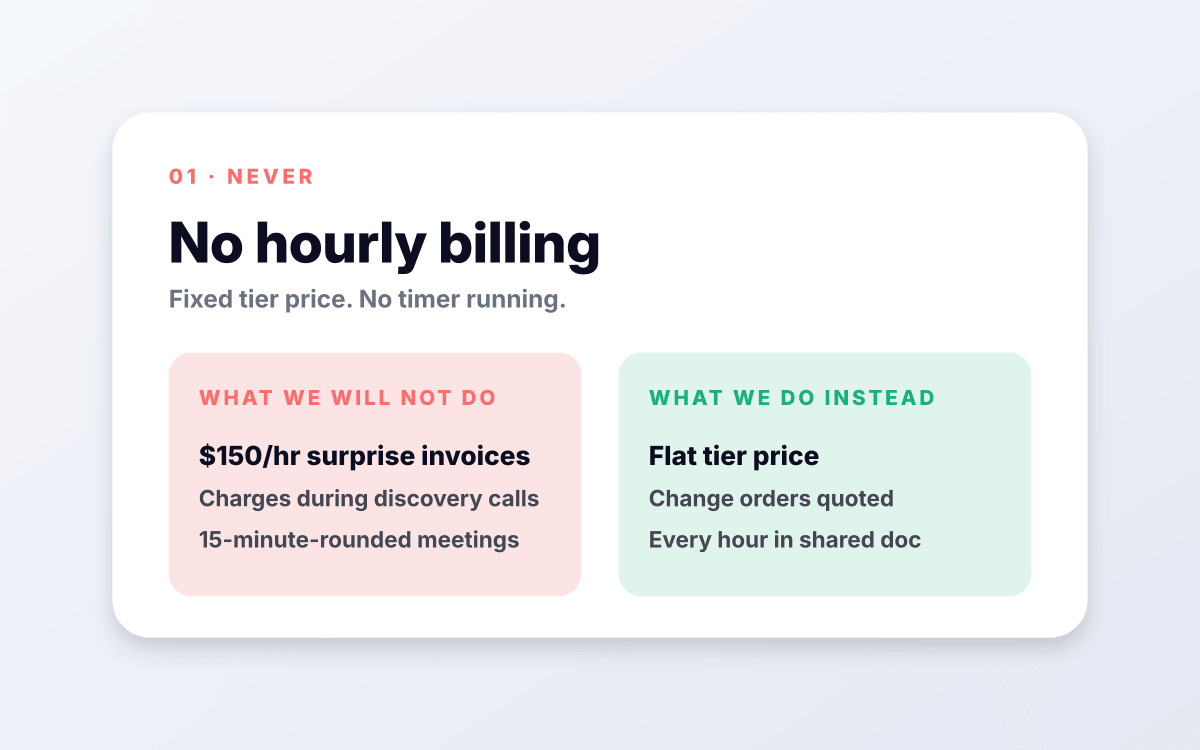 No hourly billing.