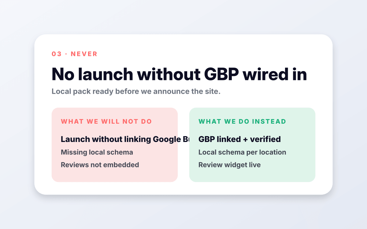 No launch without GBP wired in.
