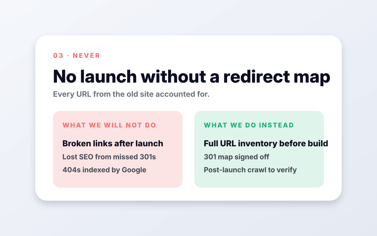 No launch without a redirect map.