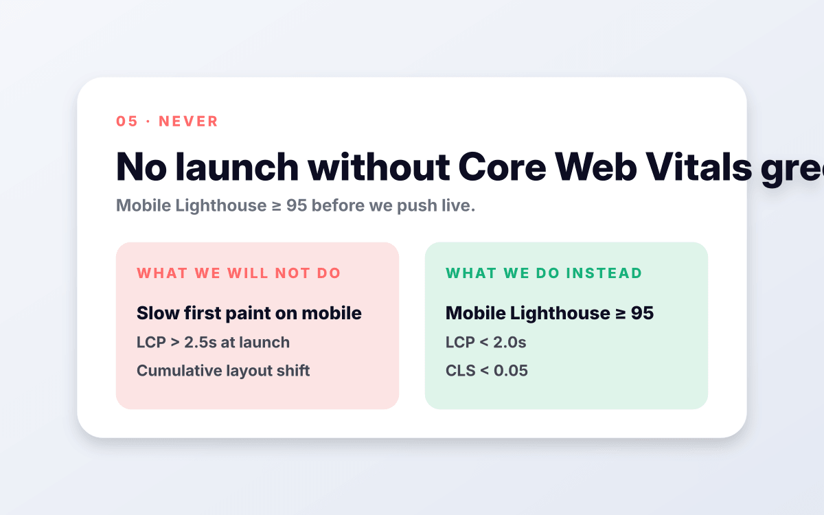 No launch without Core Web Vitals green.