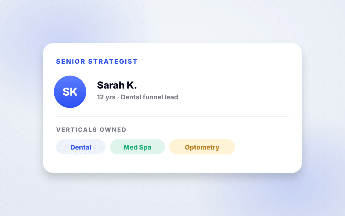 Strategist profile card with dental, med spa, and optometry vertical tags.