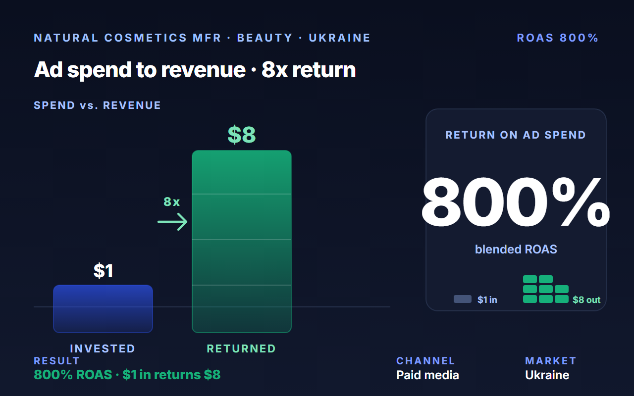 Recovered ROAS from 230% → 800% for a 10-year natural cosmetics manufacturer in four months.