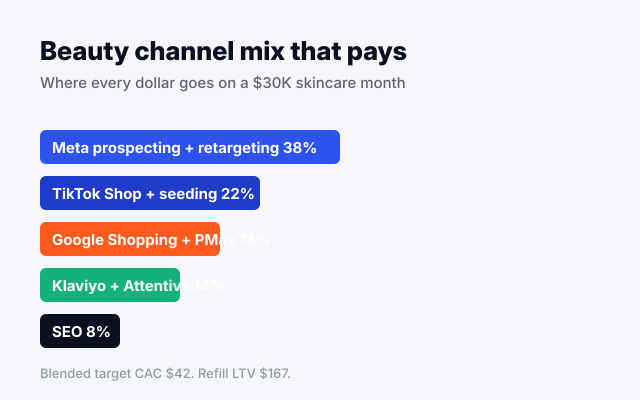 Beauty channel mix breakdown across Meta TikTok Shop Google email and SEO on a monthly skincare marketing budget