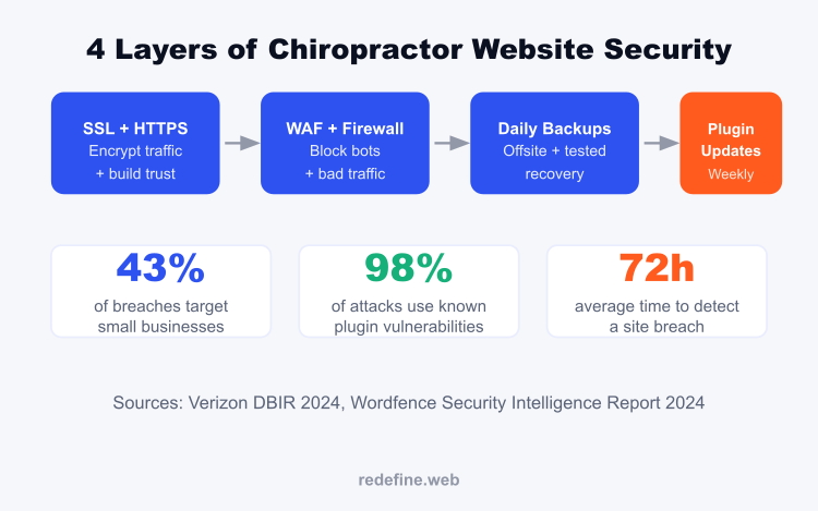 4 layers of chiropractor website security: SSL, WAF firewall, daily backups, and plugin updates