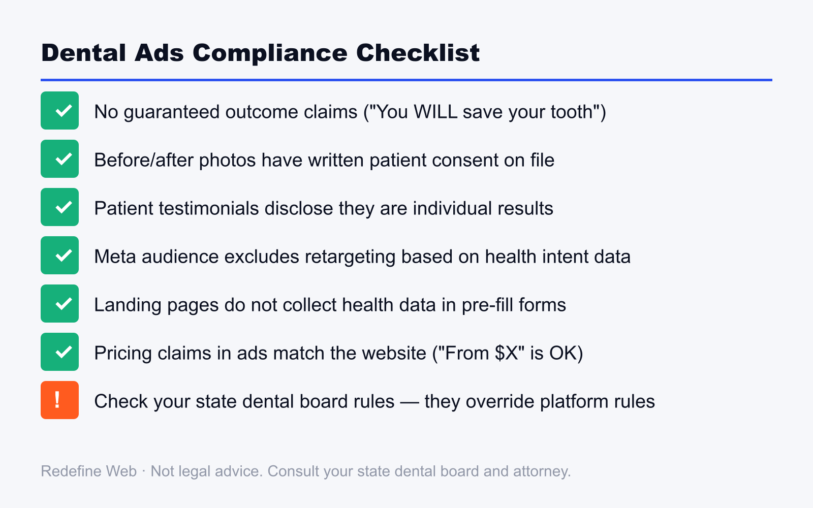 Dental ads compliance checklist showing key rules for Google Meta FTC and state dental board advertising policies