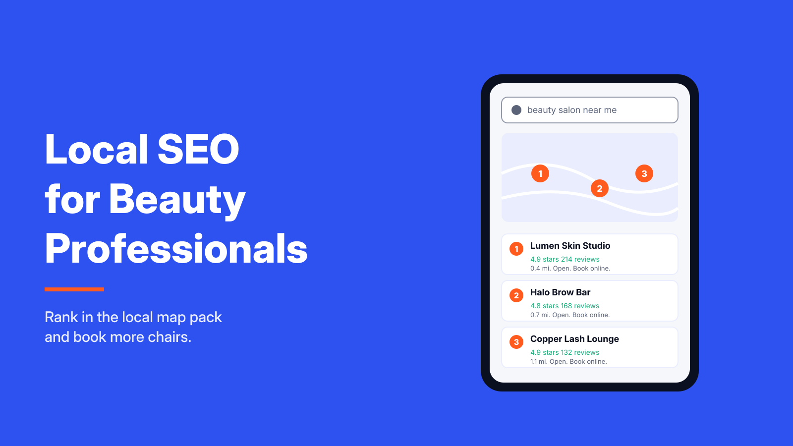 Local SEO strategies for beauty professionals shown on a phone with a three-listing Google map pack for beauty salons