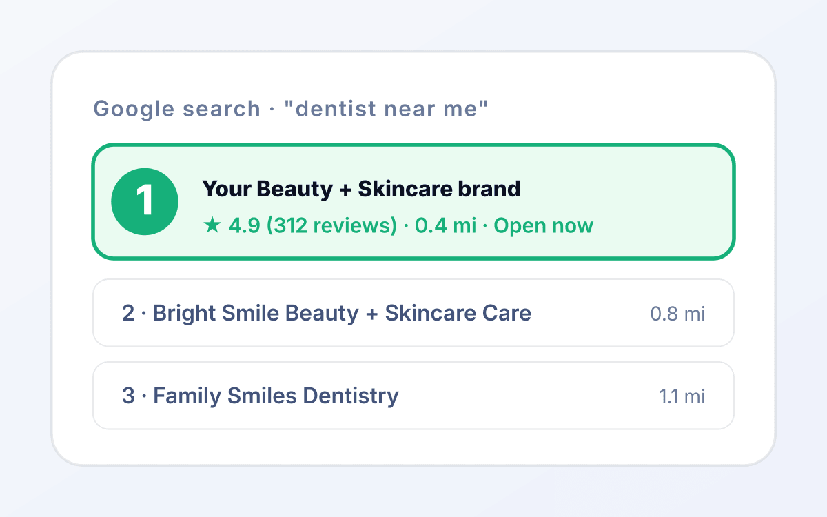 Beauty SEO SERP mockup showing 