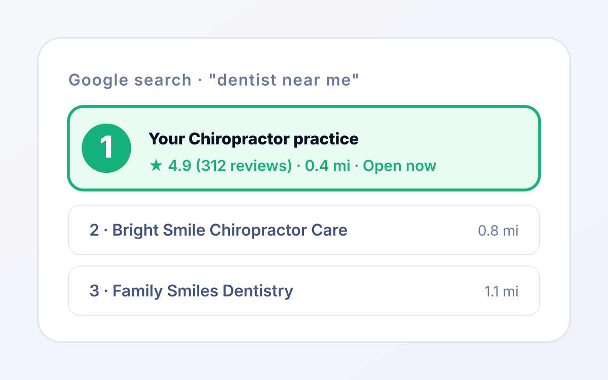 Chiropractor seo outcome 1 mockup: Category-relevant organic presence. for chiropractor services tied to appointment booked.
