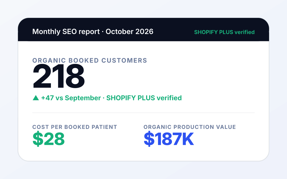 Ecommerce seo outcome 3 mockup: Reporting tied to orders placed. for ecommerce services tied to order placed.