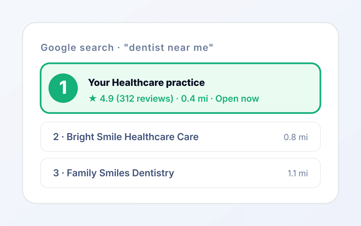 Healthcare seo outcome 1 mockup: Category-relevant organic presence. for healthcare services tied to appointment booked.