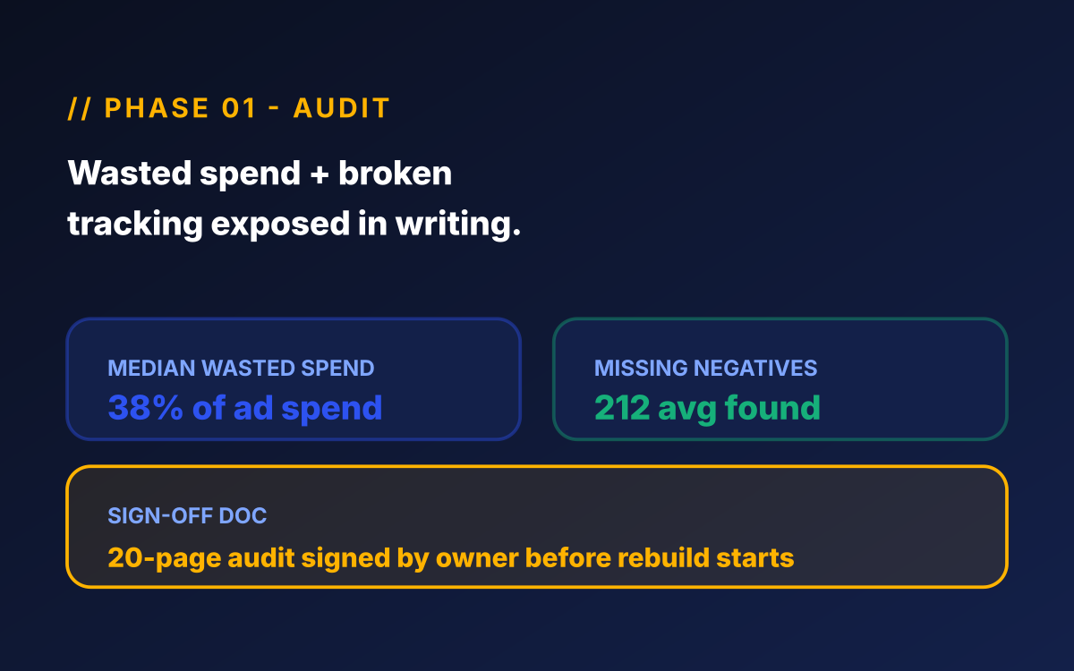 Home services PPC phase 01 - Audit illustration for home services ppc showing wasted-spend exposure, missing negatives, and broken CallRail conversion tracking.