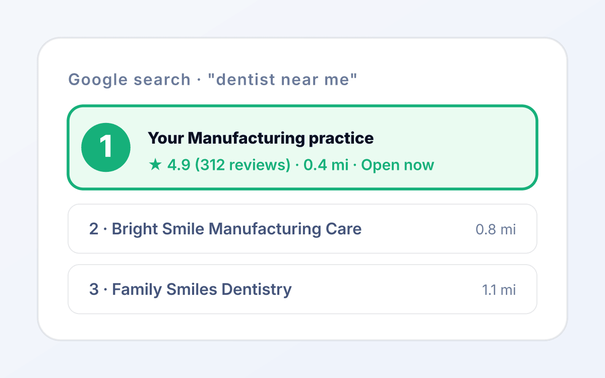 Manufacturing seo outcome 1 mockup: Category-relevant organic presence. for manufacturing services tied to quote request.