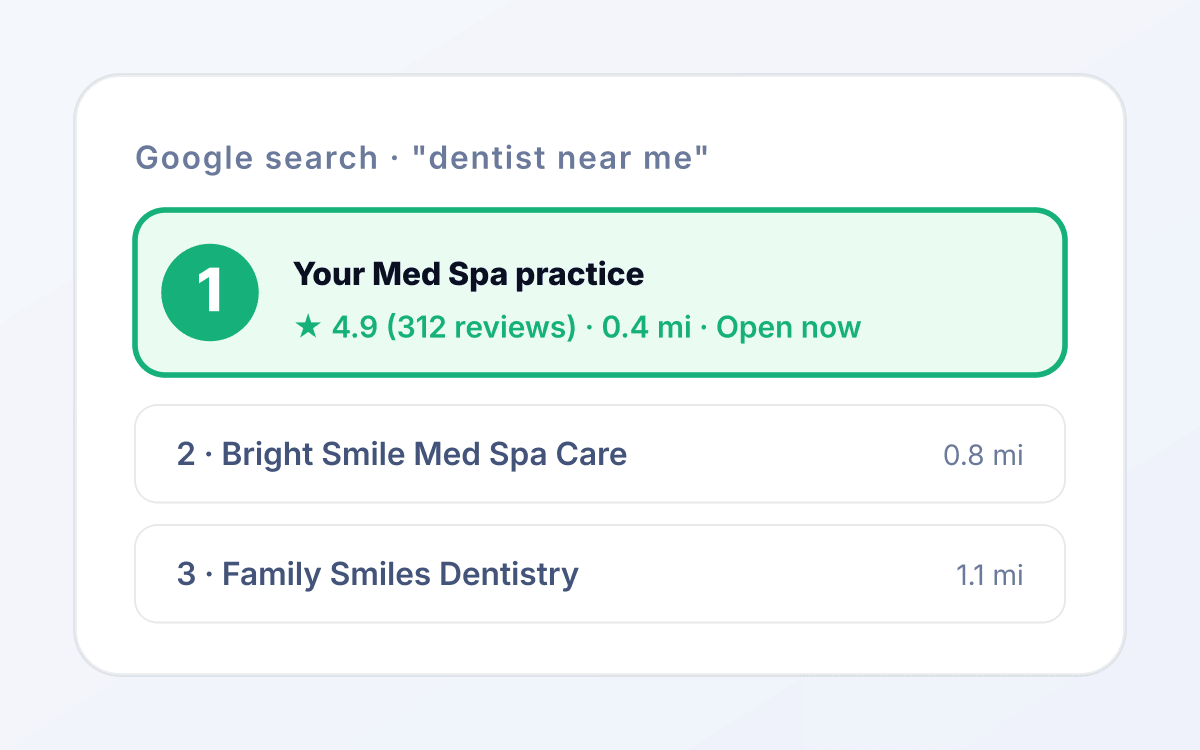 Med Spa seo outcome 1 mockup: Category-relevant organic presence. for med spa services tied to consult booked.