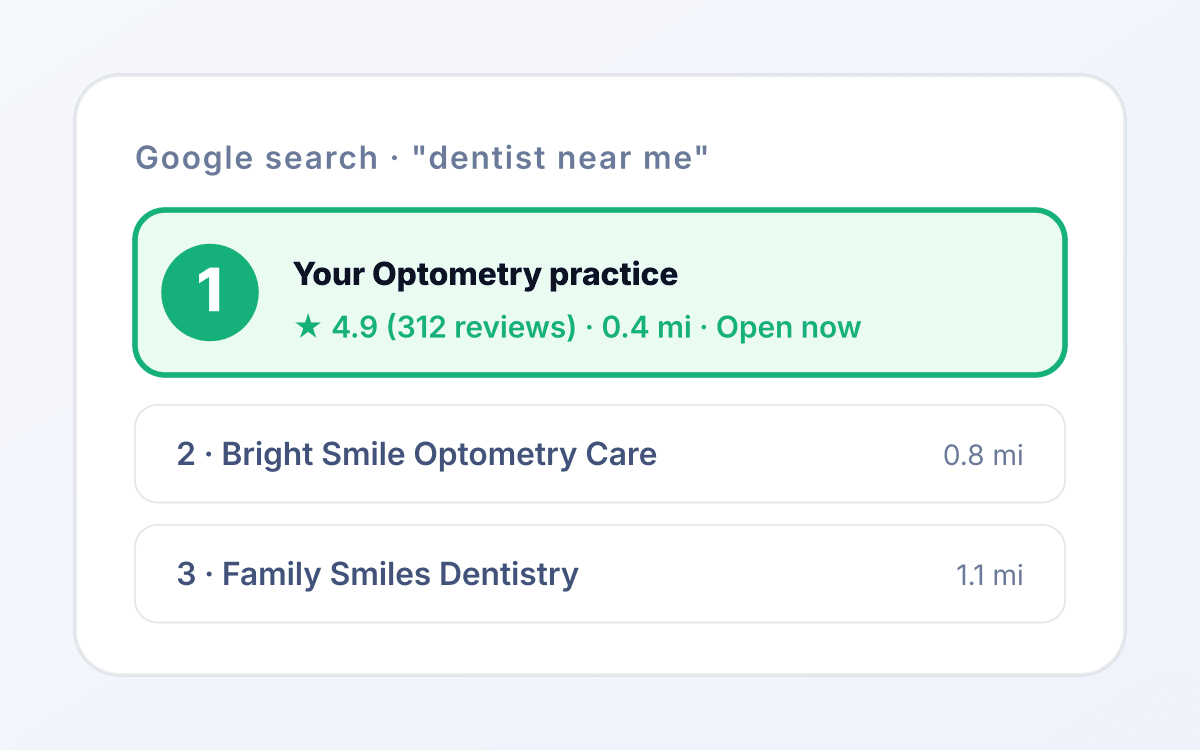 Optometry seo outcome 1 mockup: Category-relevant organic presence. for optometry services tied to exam booked.