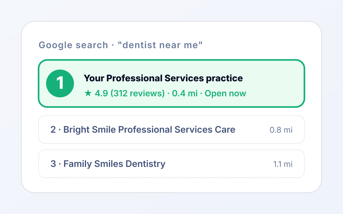 Professional Services seo outcome 1 mockup: Category-relevant organic presence. for professional services services tied to consult booked.