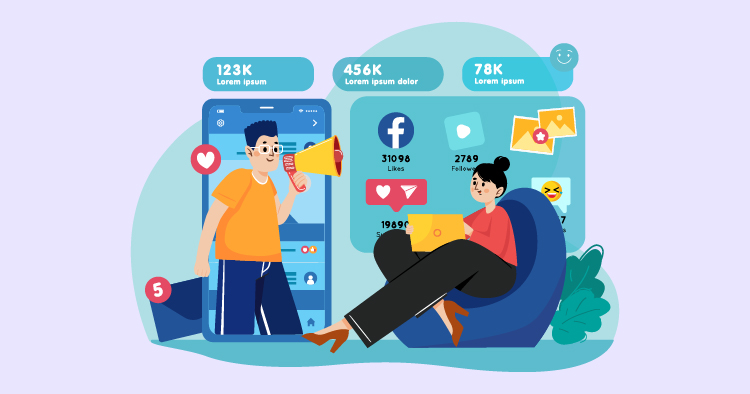 Illustration depicting social media engagement, featuring a man using a smartphone with a megaphone and a woman relaxing in a chair with social media icons around her. The image highlights user statistics for platforms like Instagram and Facebook, showcasing the importance of digital marketing and online presence.