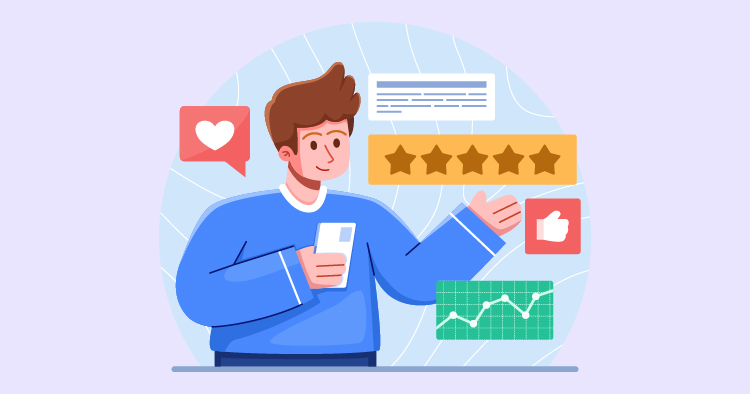 Illustration of a young man holding a smartphone, surrounded by social media icons like hearts and thumbs up, along with five-star ratings and a graph showing upward trends, representing online engagement and customer feedback.
