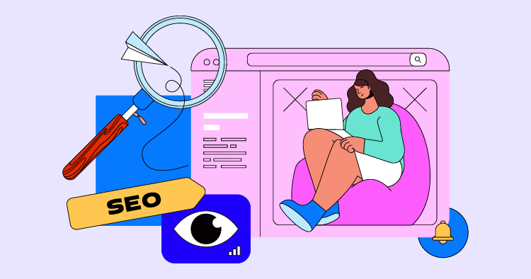 Illustration depicting a woman sitting on a pink couch, working on a laptop with SEO elements like a magnifying glass and a blue eye icon, symbolizing digital marketing and website optimization.