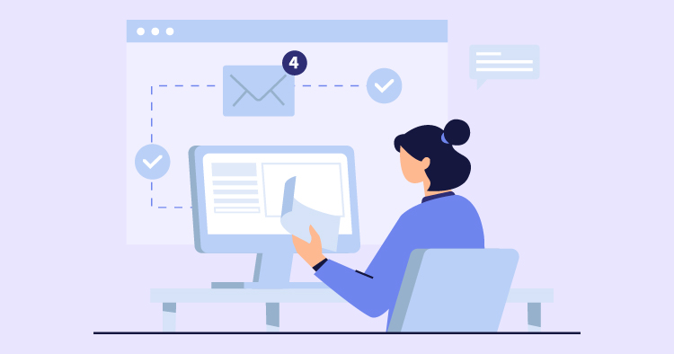 Person working at a computer, checking emails with four new messages indicated, and reviewing documents, in a modern office setting.