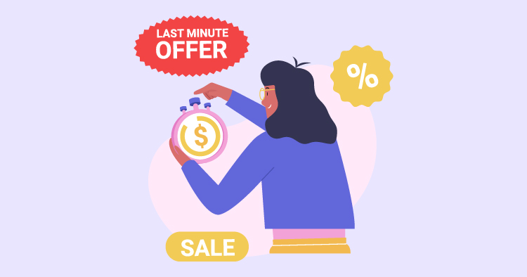 Illustration of a woman holding a stopwatch with a dollar sign, promoting a last-minute sale offer. The design features bright colors and includes a percentage symbol, emphasizing urgency and savings.