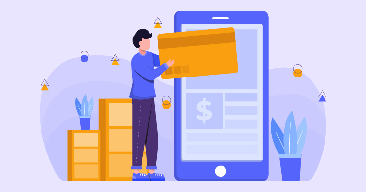 Illustration of a person holding a credit card in front of a large smartphone displaying a payment interface, symbolizing online shopping and digital transactions.