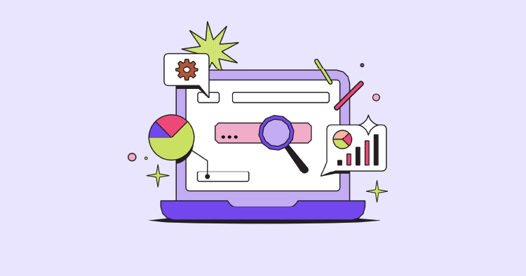 Illustration of a laptop displaying a search bar with graphs, pie charts, and icons representing data analysis and SEO tools, set against a light purple background.