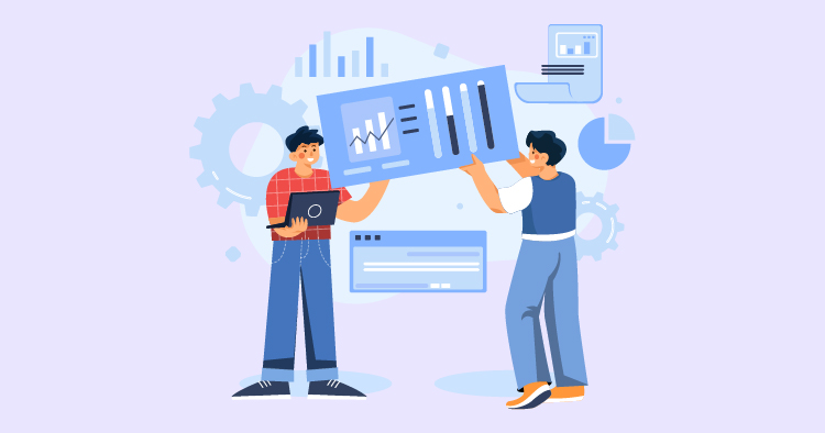 Two men collaborating on a data analysis project, one holding a large chart and the other working on a laptop, with graphs and digital elements in the background.