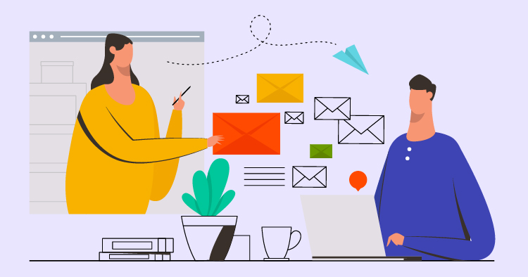 Illustration of a woman presenting colorful envelopes and emails to a man working on a laptop, symbolizing digital communication and email marketing strategies. A plant and coffee cup are visible, enhancing the workspace ambiance.