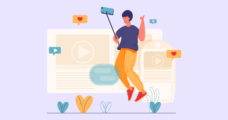 Young person taking a selfie with a smartphone on a selfie stick while surrounded by digital content, including video play buttons and social media icons, in a vibrant, colorful illustration.