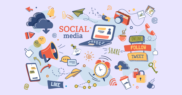 Colorful illustration representing social media concepts, featuring icons of a laptop, smartphone, megaphone, and various symbols for sharing, liking, and online engagement.