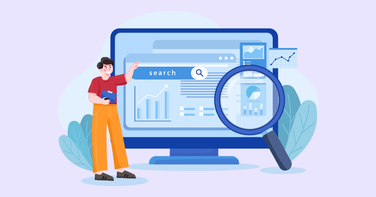 Illustration of a person analyzing data on a computer screen with graphs and charts, emphasizing digital marketing and SEO strategies. A magnifying glass highlights the search function, representing research and analytics.