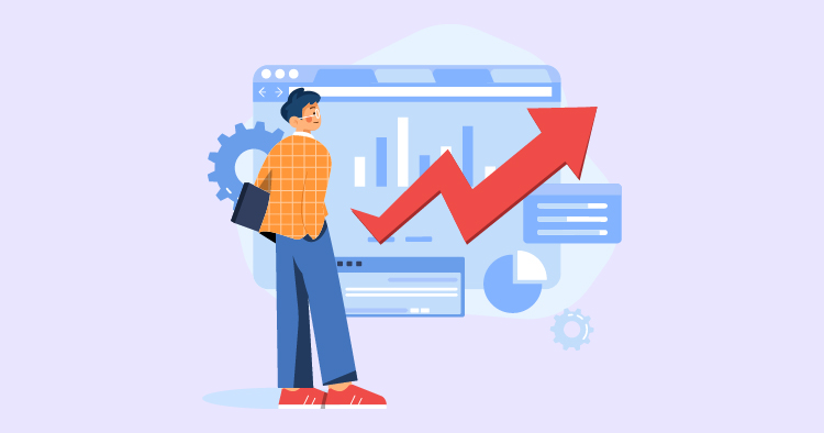 A young man in a checkered shirt stands confidently in front of a digital dashboard displaying upward trends and data graphs, symbolizing growth and success in business analytics.