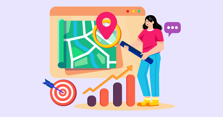Illustration of a woman analyzing a digital map on a computer screen, highlighting a location with a magnifying glass. Graphs representing data growth and a target symbol emphasize business strategy and location-based marketing.