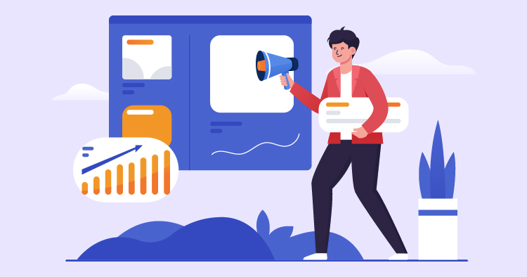 Illustration of a young man holding a megaphone and speech bubbles, promoting digital marketing strategies with graphs and website elements in the background, emphasizing communication and analytics in online business.