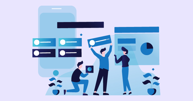 Team collaborating on digital projects, showcasing user interface design and mobile app development, with individuals using tablets and displaying screens.