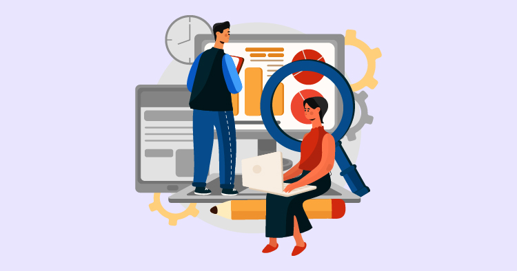 Illustration of two professionals analyzing data, one standing with a clipboard and the other seated with a laptop, surrounded by graphs and gears, representing teamwork and data analysis in a modern workspace.