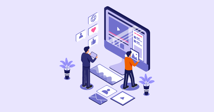 Two professionals collaborating on digital content creation, one using a tablet and the other adjusting elements on a computer screen displaying video editing tools, with icons representing social media engagement and visual assets in a modern office setting.