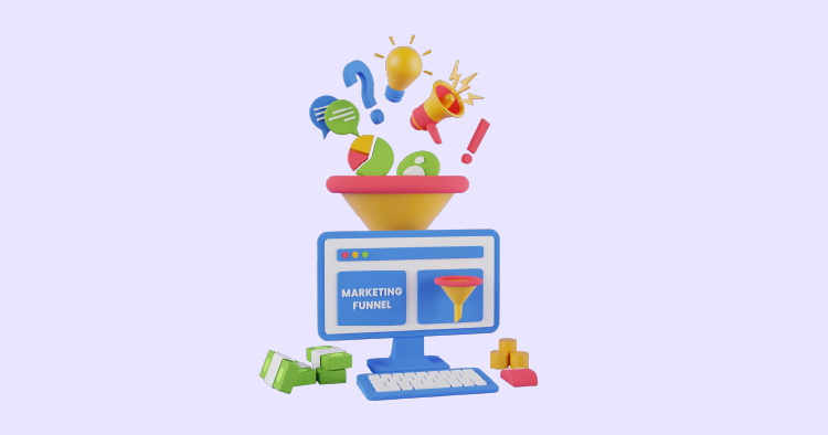 3D illustration of a marketing funnel concept, featuring a computer screen displaying the text "Marketing Funnel" with various colorful icons like light bulbs, question marks, and exclamation points emerging from a funnel, symbolizing the flow of ideas and customer engagement in digital marketing.