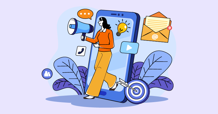 Illustration of a woman walking out of a smartphone, holding a megaphone, symbolizing digital marketing and communication. The background features various icons like emails, video, and a target, representing online engagement strategies.
