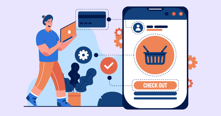 Illustration of a man using a laptop and interacting with a mobile app displaying an online shopping checkout screen, featuring a shopping cart icon and payment options, surrounded by gears and a plant, symbolizing e-commerce and digital transactions.