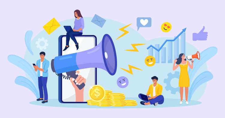 Digital marketing concept featuring a megaphone emerging from a smartphone, with a person using a laptop and another person sitting amidst coins and social media icons, illustrating online engagement and financial growth.