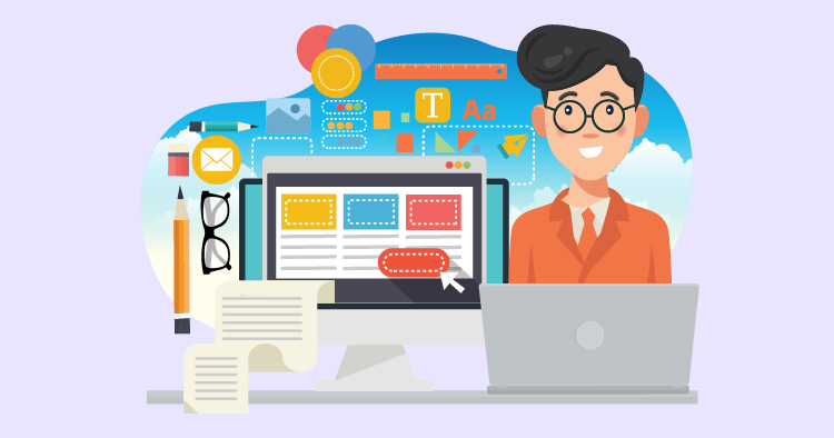 A graphic illustration of a digital marketer working on a laptop, surrounded by icons representing online tools and content creation, including charts, text boxes, and communication symbols.