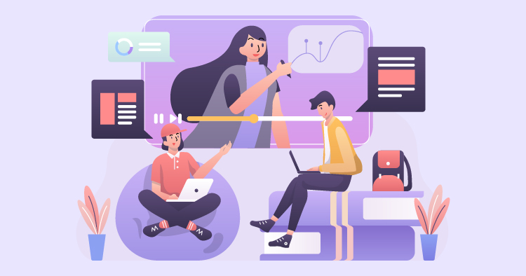 Illustration of three individuals engaged in digital communication and data analysis. One person is sitting cross-legged with a laptop, another is seated with a laptop and gesturing, while a third is standing with a pen and presenting data visualizations. The background features chat bubbles and graphs, emphasizing a collaborative work and learning environment.