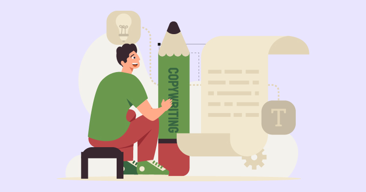 Illustration of a person sitting next to a giant pencil labeled "COPYWRITING," brainstorming ideas with light bulbs and notes in the background, symbolizing creativity in writing and content creation.