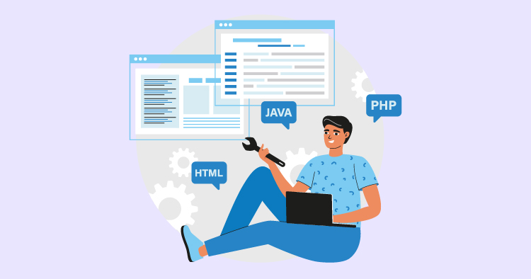 A young man sitting with a laptop, surrounded by coding languages such as Java, PHP, and HTML, holding a wrench, symbolizing software development and programming skills.