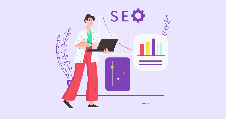 Illustration of a person working on SEO strategies with a laptop, featuring graphical data charts and adjustment sliders, set against a light purple background.